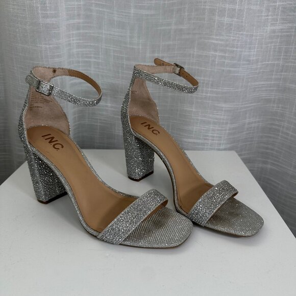 INC Silver Crystal Rhinestone Block Heel Two-Piece Sandals 9 - Picture 11 of 14